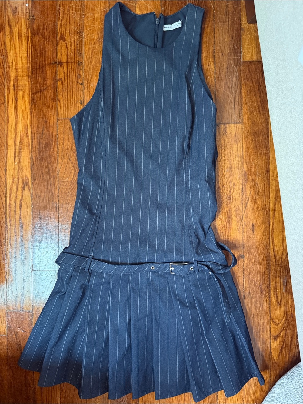 Pinstripe Navy Sleeveless Pleated Dress